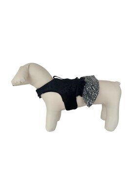 Handmade Small Dog Adjustable Dress Outfit w Harness Black Sparkly Silver Skirt